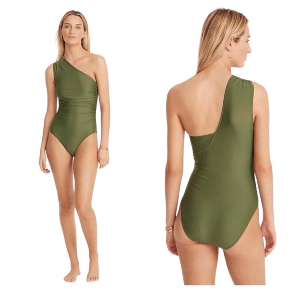 NWT J. Crew Ruched One Shoulder One Piece Swimsuit Resort Safari Green Size 20